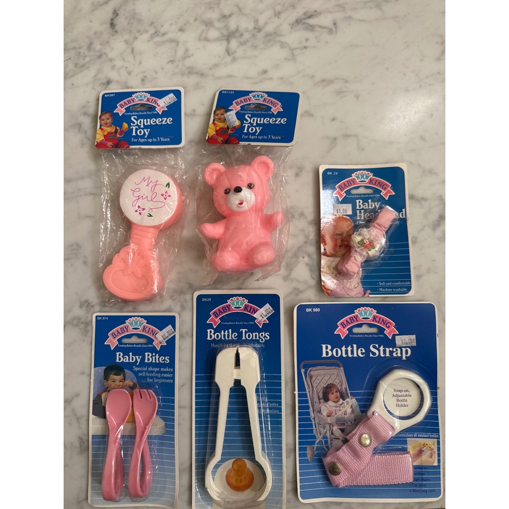 Vintage 1996 Baby King Pink Accessory Lot 6pc New Old Stock Rattle Toys Headband